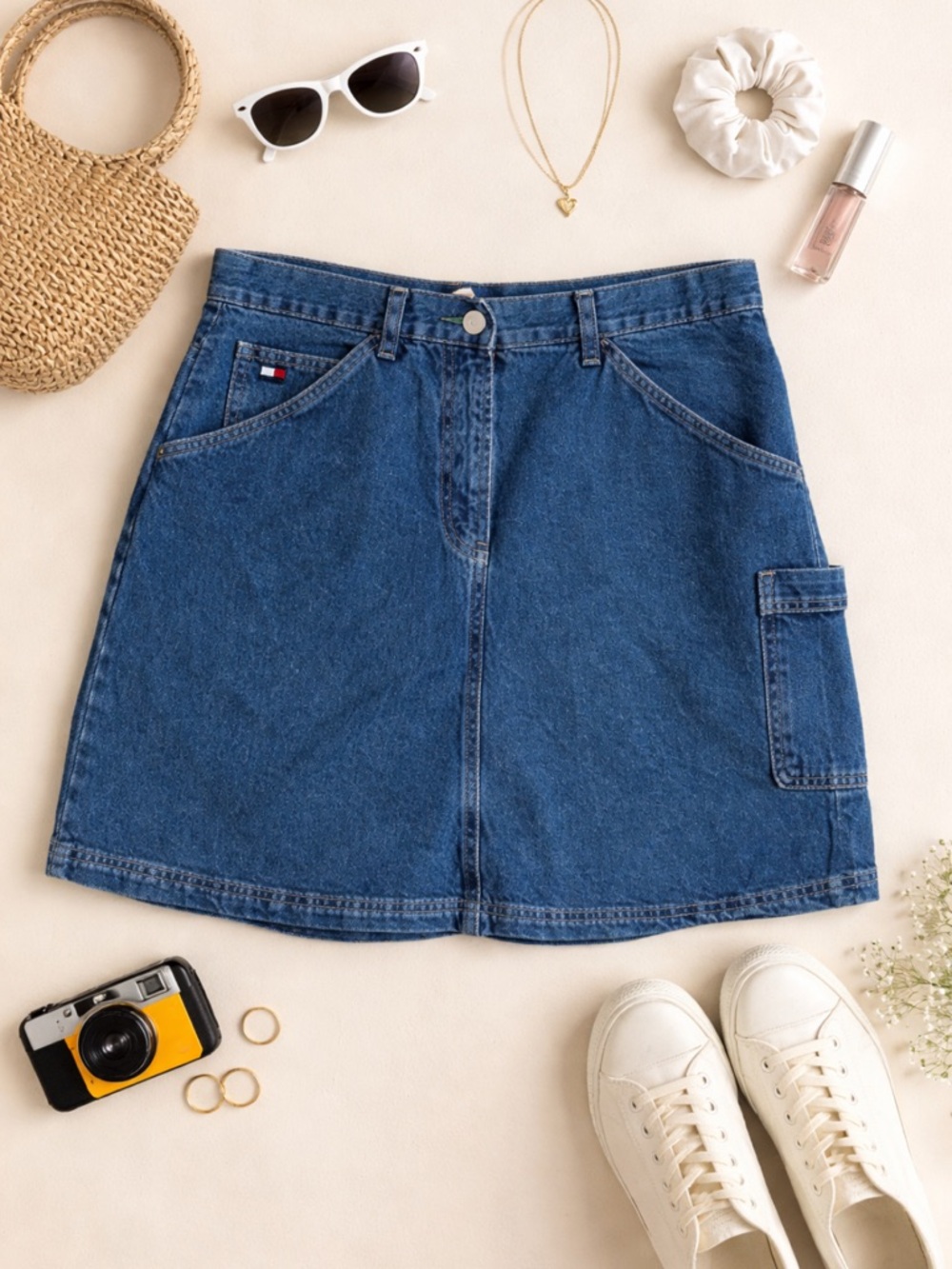 Tommy Hilfiger Denim Carpenter Skirt | Y2K Utility A-Line Jean Skirt Logo Pocket